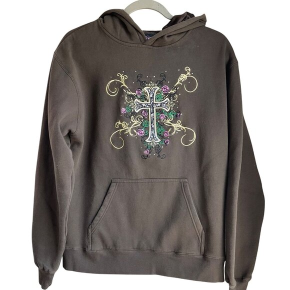 VTG Cowgirl Hardware Large Y2K Brown Sweatshirt Hoodie Embroidered Cross Roses - Picture 4 of 12